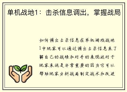 单机战地1：击杀信息调出，掌握战局